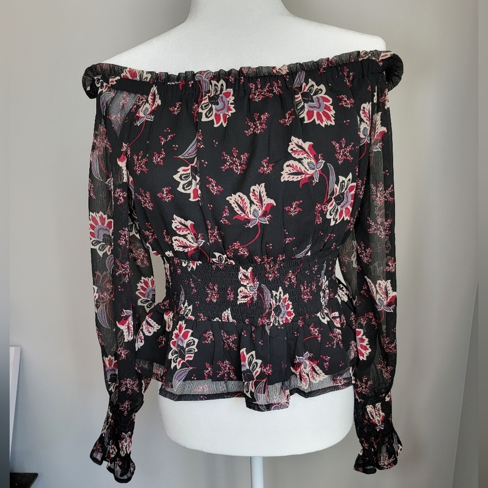 Floral Off the Shoulder Blouse - Large - Cinched Waist